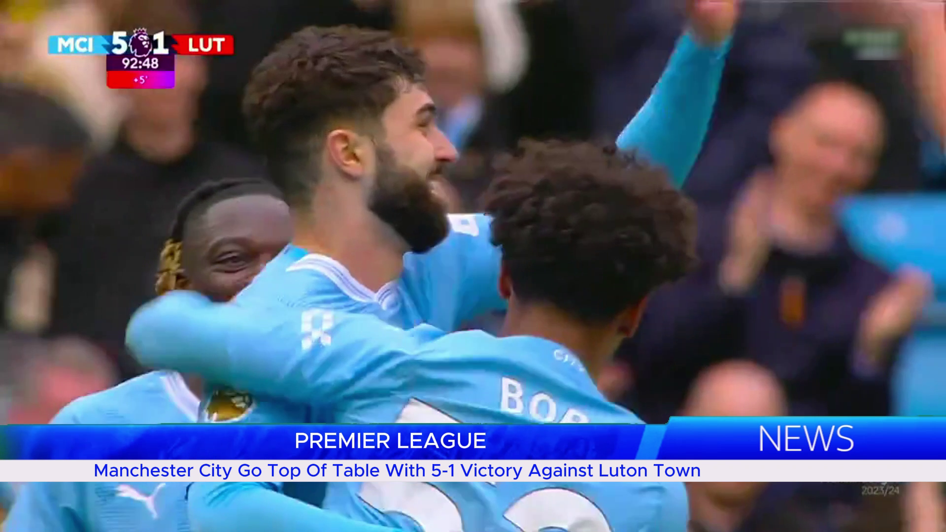 Manchester City Go Top Of Table With 5-1 Victory Against Luton Town