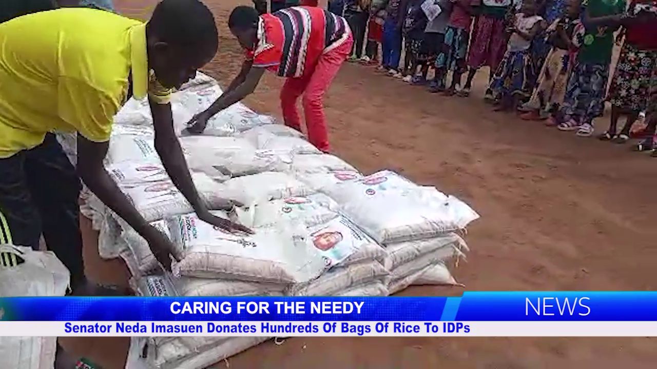 Senator Neda Imasuen Donates Hundreds Of Bags Of Rice To IDPs
