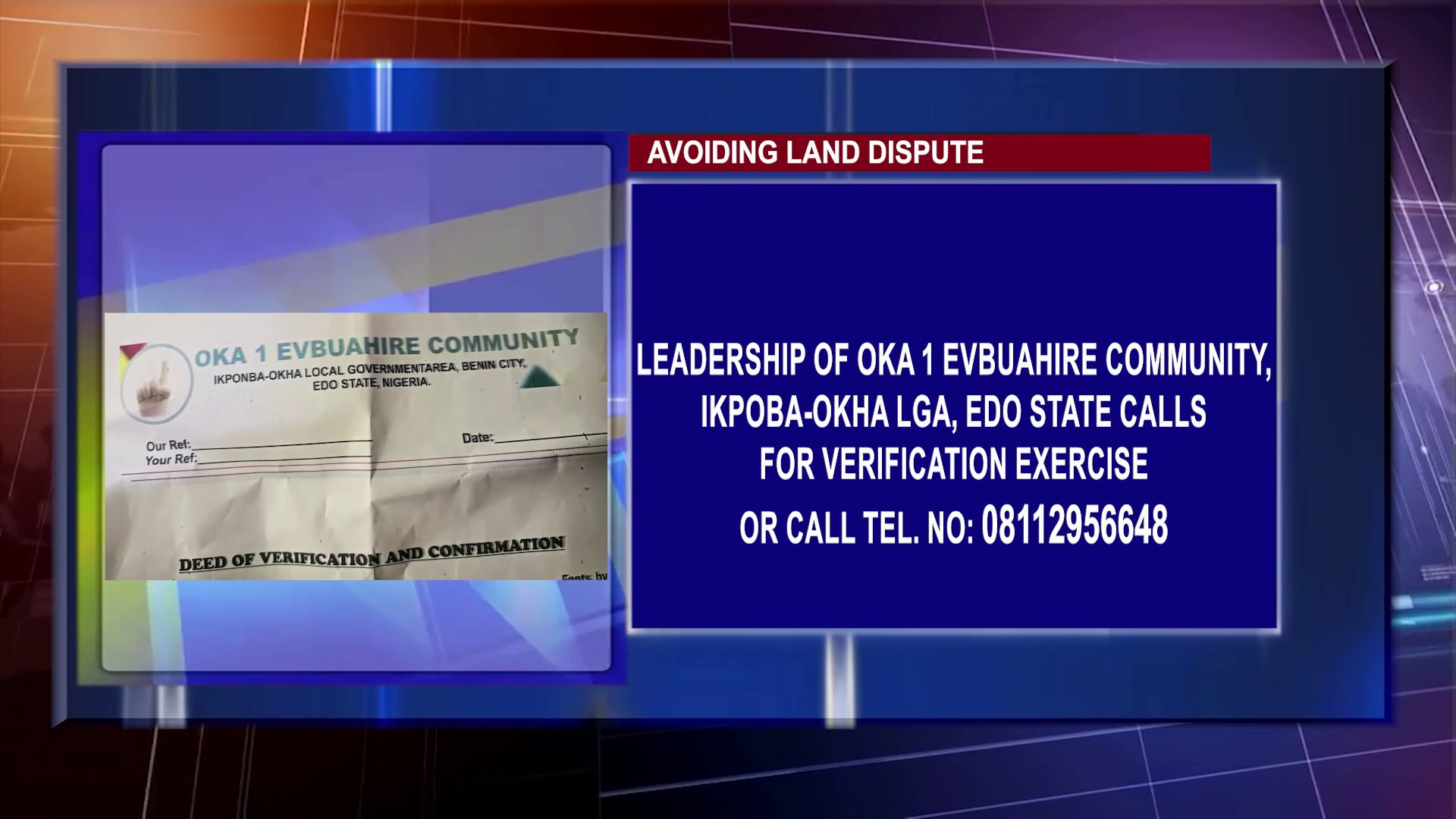 Leadership Of Oka 1 Evbuahire Community, Ikpoba-Okha LGA, Edo State Calls For Land Verification Exercise