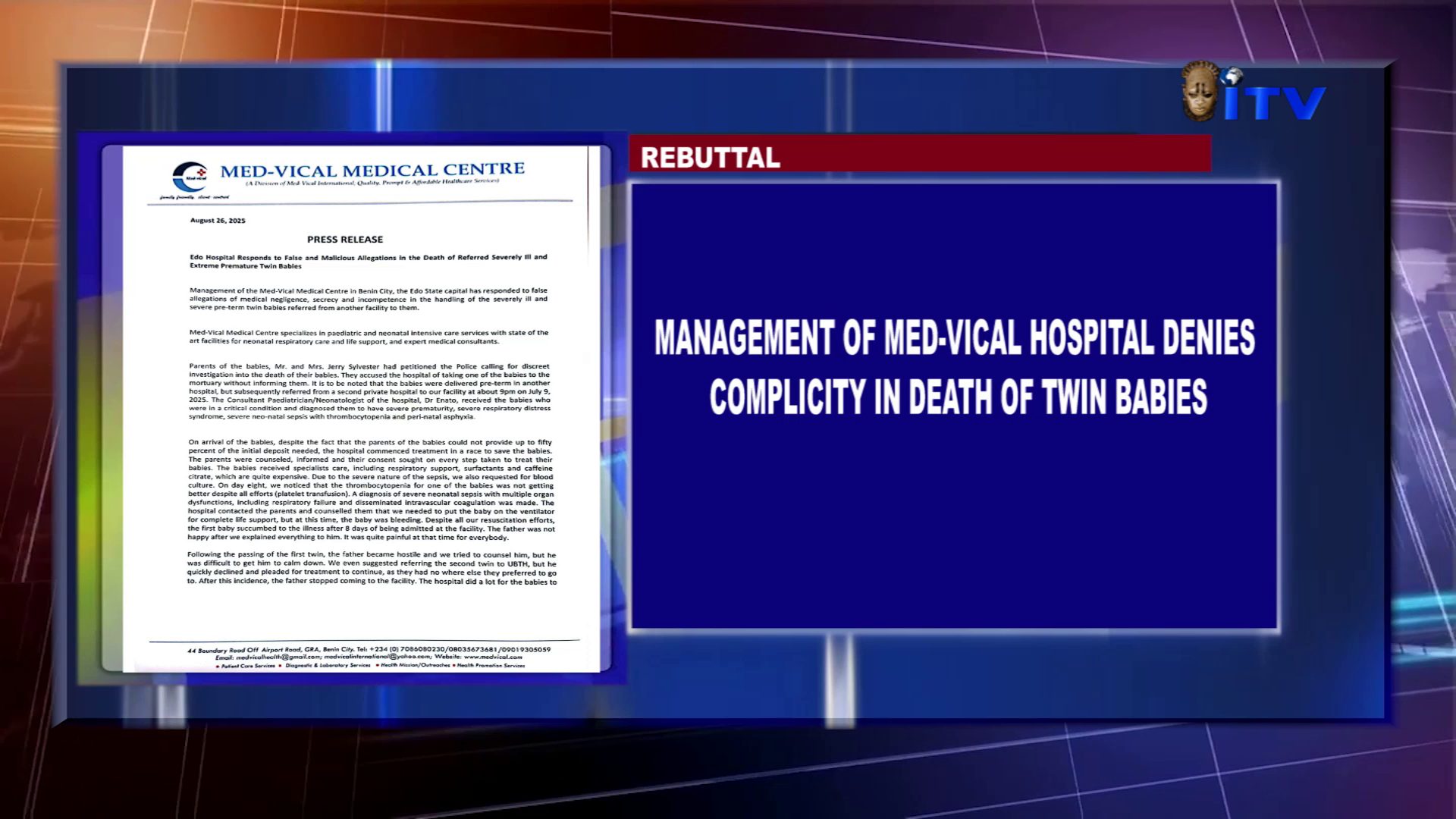 Management Of Med-Vical Hospital Denies Complicity In Death Of Late Twin Babies