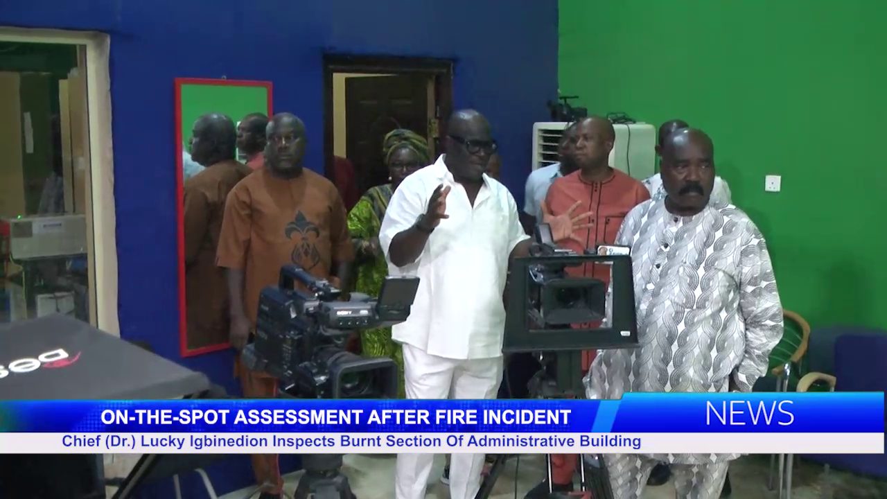 ON-THE-SPOT ASSESSMENT AFTER FIRE INCIDENT: Chief (Dr.) Lucky Igbinedion Inspects Burnt Section Of Administrative Building