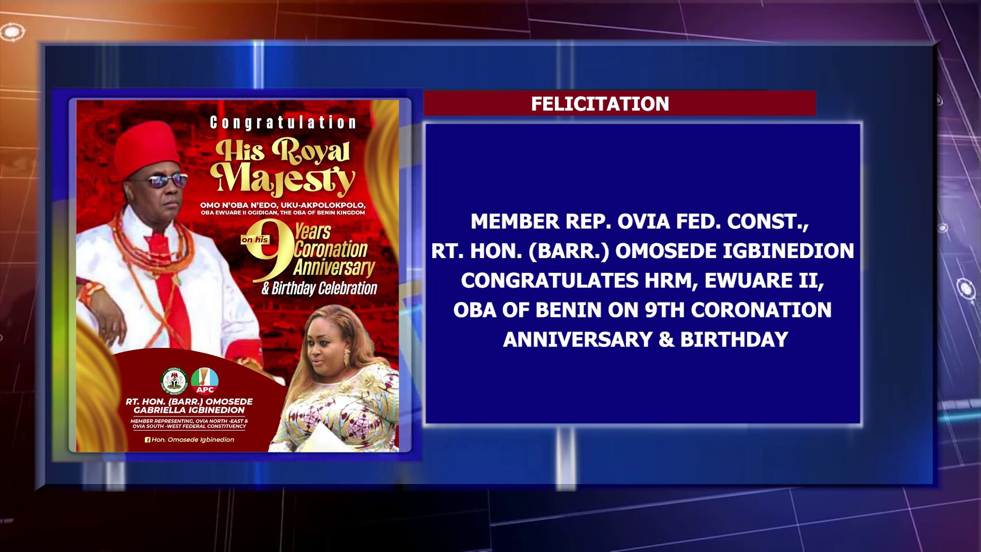 Rt. Hon. Omosede Igbinedion Felicitates Oba Of Benin On His 9th Coronation Anniversary And Birthday