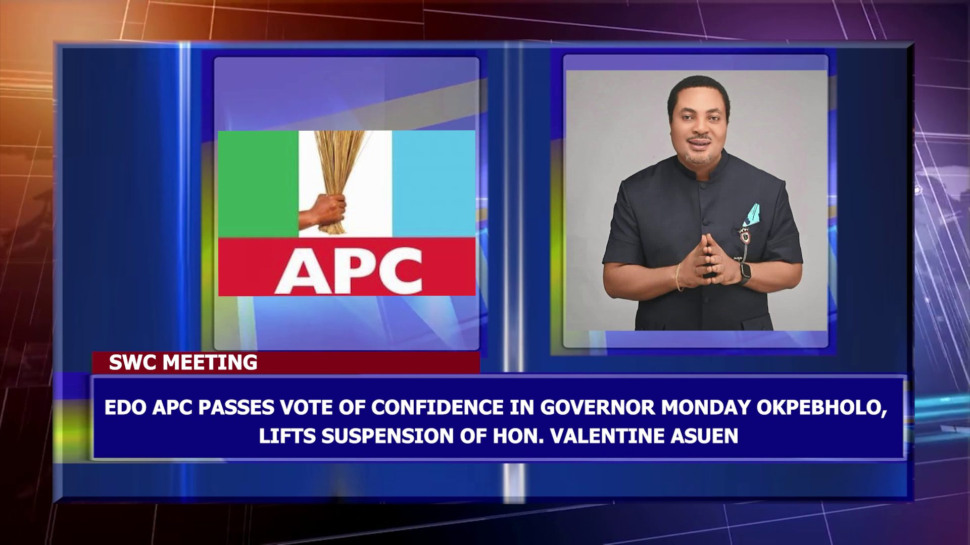 Edo APC Passes Vote Of Confidence In Governor Monday Okpebholo, Lifts Suspension Of Hon. Valentine Asuen