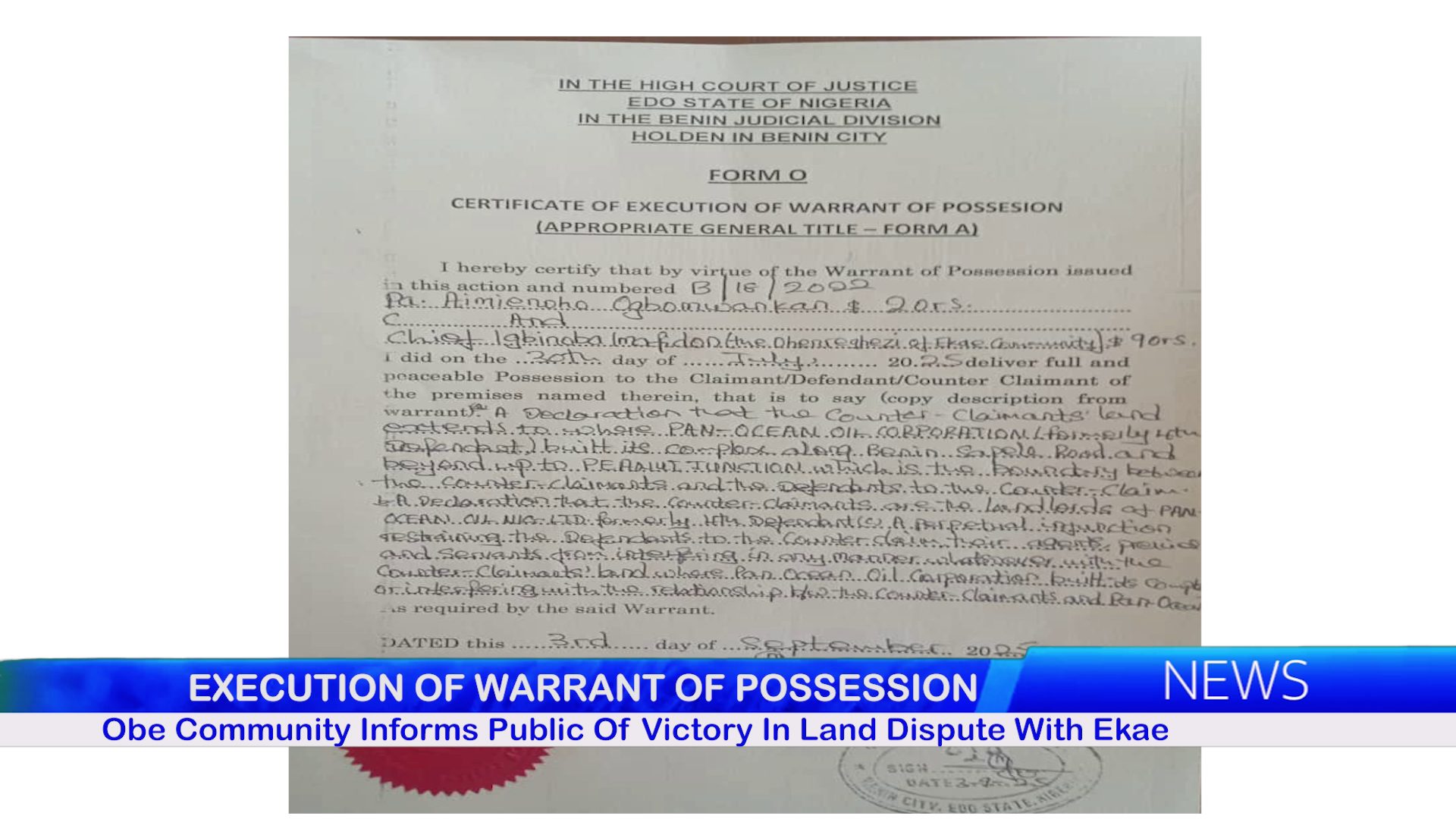 EXECUTION OF WARRANT OF POSSESSION: Obe Community Informs Public Of Victory In Land Dispute With Ekae