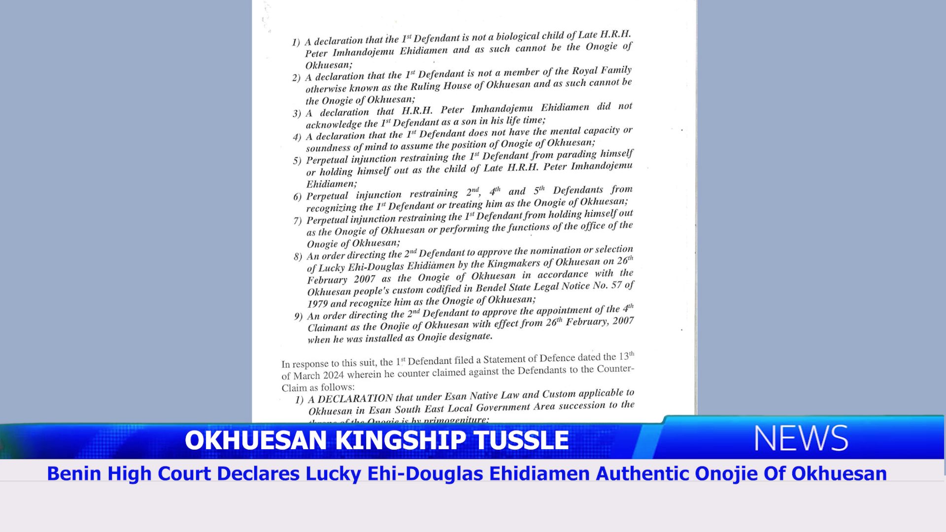 Benin High Court Declares Lucky Ehi-Douglas Ehidiamen Authentic Onojie Of Okhuesan