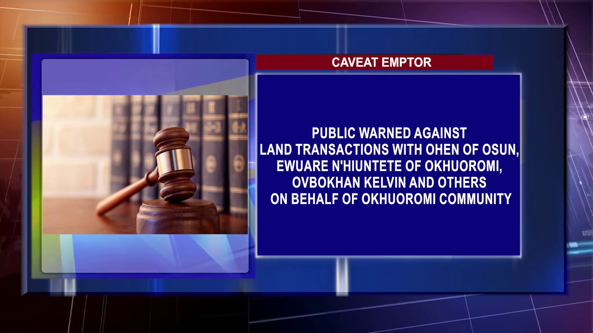Public Warned Against Land Transactions With Ohen Of Osun, Ewuare Nor Hiuntete Of Okhuoromi, Ovbokhan Kelvin And Others On Behalf Of Okhuoromi Community
