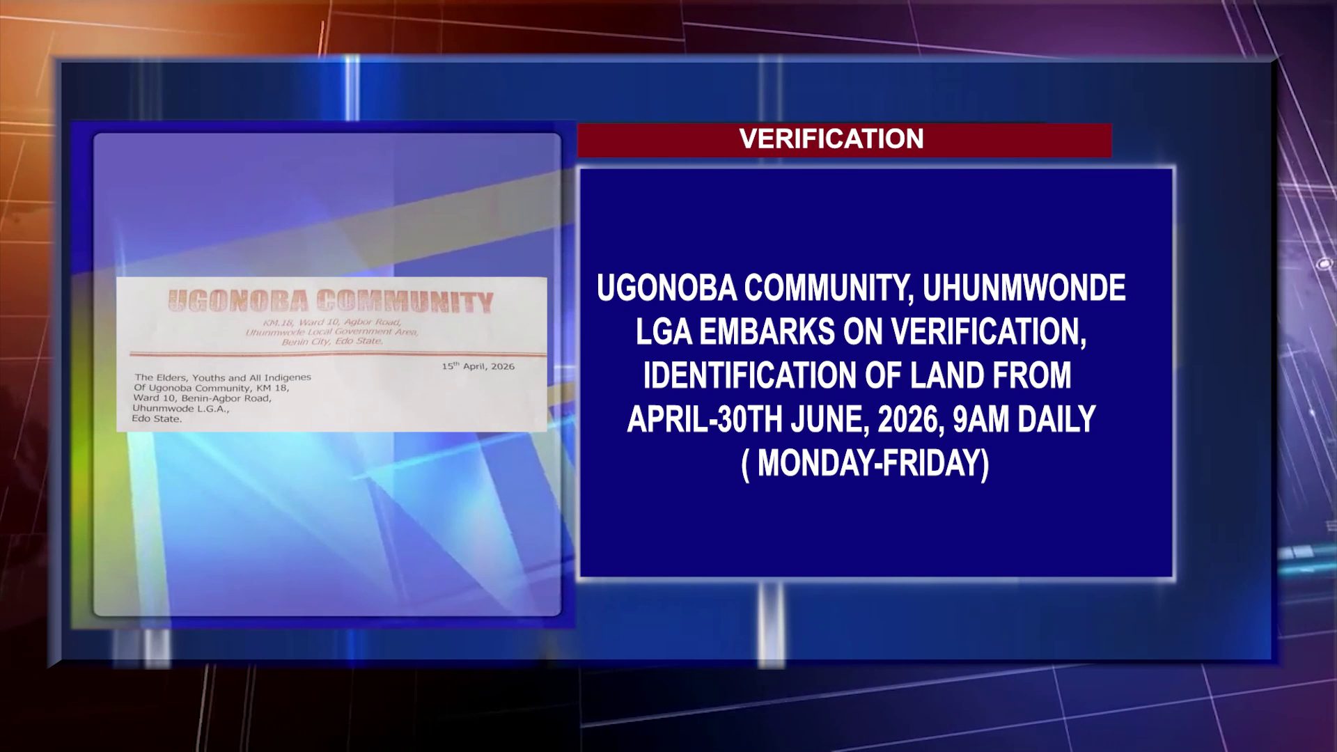 Ugonoba Community, Uhunmwonde LGA Embarks On Verification, Identification Of Land From April-30th June, 2026, 9AM Daily ( Monday-Friday)